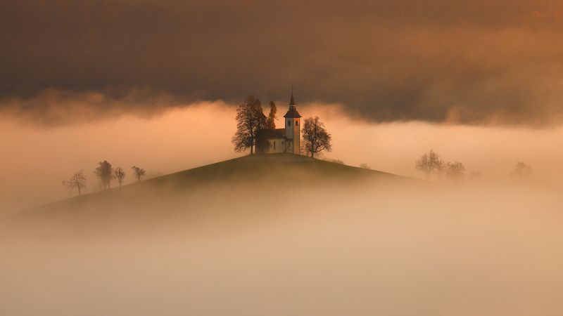 slovenia, saint thomas, morning, sunrise, church, mist, fog, light, autumn, hill, Touch of lightphoto preview