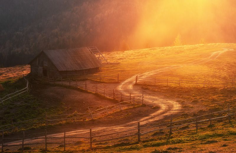 горы, свет, восход, утро, горы, деревья, дом, дорога, тень, туман, путь, дерево, заброшенный, забытый, сломан, разрушение,  забор, деревня, цвета, цветная, Дом восходящего солнцаphoto preview