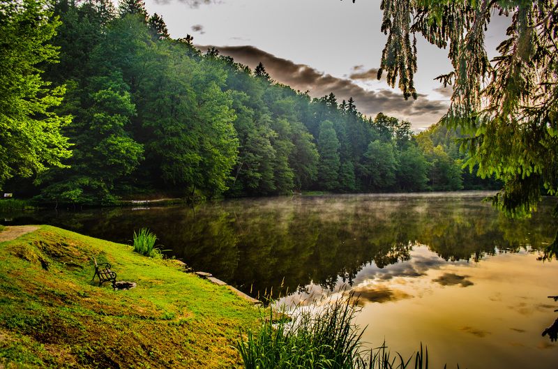 пейзаж, озеро, вода, отражение, дымка, природа Вечерний покойphoto preview