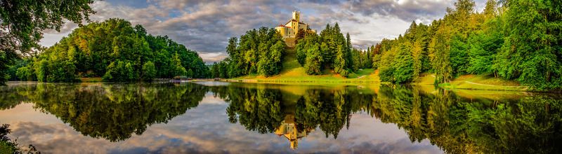 пейзаж, озеро, вода, отражение, дымка, природа Тракошчанский замок, Хорватияphoto preview