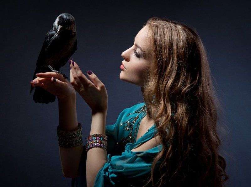 Галка, Галчонок, Девушка с галкой, Домашняя галка, Животные, Питомец, Портрет девушки, Птица разговор с любимицейphoto preview