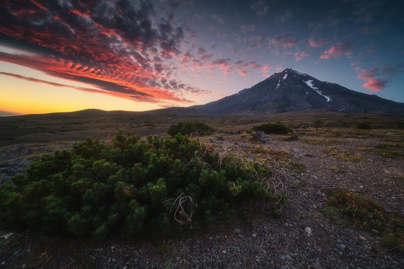 россия, камчатка, камчатский край, дальний восток, вулкан, природа, пейзаж, лето, горы, лава, конус, закат, корякская сопка Домашний вулканphoto preview