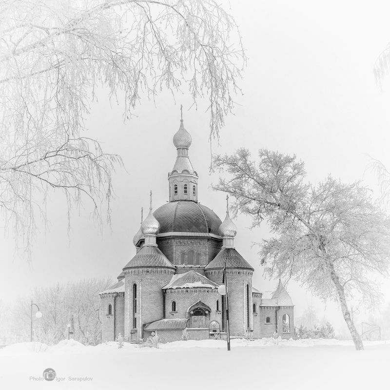 дубовое, церковь, храм, русская зима, temple, russian winter, православная зима,  мороз, иней, холод, frost, cold,  город, белгородская область, благословенная зима, белгородчина, белгород, архитектура, чёрно-белая фотография, дуплекс Благословенная зимаphoto preview