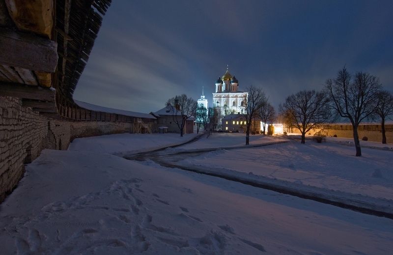 пейзаж, зима, псков, снег, город, собор,архитектура,вечер, троицкий собор Псковский Кром.photo preview