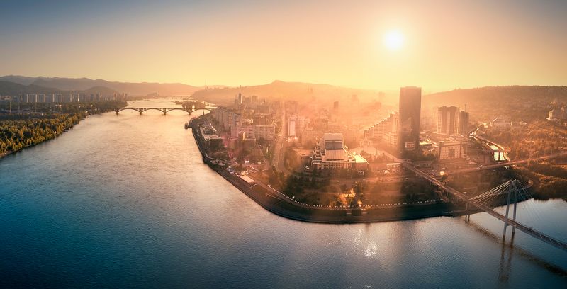 центр, вечер, пейзаж, природа, город, архитектура, река, отдых, центр, красноярск, сибирь, енисей, большой, красивая Вечерний Красноярск с высоты птичьего полетаphoto preview