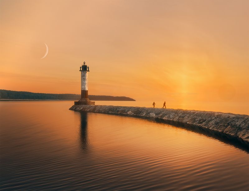маяк, дети, озеро, ладога, закат photo preview