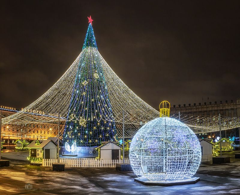 белгород, соборная площадь, шар, новогодняя площадь, новогодняя ёлка, новогодний городок,  россия, рождество,  новый год, новогодняя сказка,  новогодняя история, новогодняя иллюминация, ночная съёмка, зима, городской пейзаж, город, Новогодняя ёлка в Белгородеphoto preview