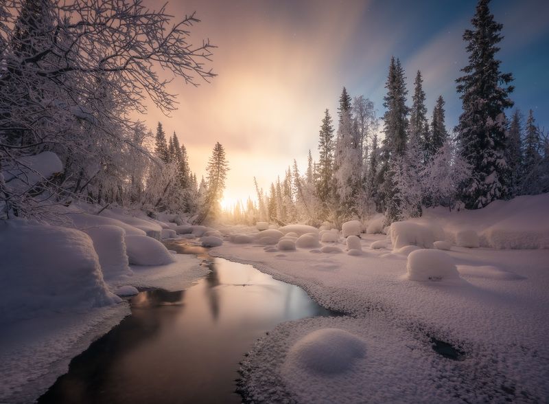 речка, закат, север, кольский, зима, ночь Сумерки на Кольском полуостровеphoto preview