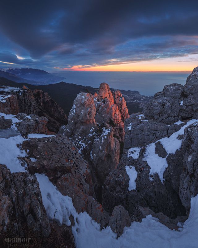 крым, горы, ай-петри, зима, скалы, снег, закат Ай-Петриphoto preview