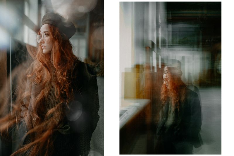 портрет, женский портрет, мильтиэкспозиция, витебский вокзал, девушка у окна, девушка в берете, рыжая, красные волосы, старая лестница, блики, засветы, пленочное зерно Витебский вокзал.photo preview
