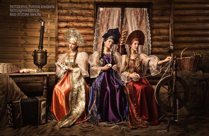 сказка о царе солтане, сказка, красивицы, русские девушки, русские девицы, косы, какошники, русские наряды, изба, царь, девушка, пилипчук константин. фото, красивая фотография. Сказка о царе Салтанеphoto preview