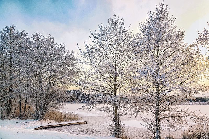 мороз, утро, озеро, красота, иней,  На рассветеphoto preview