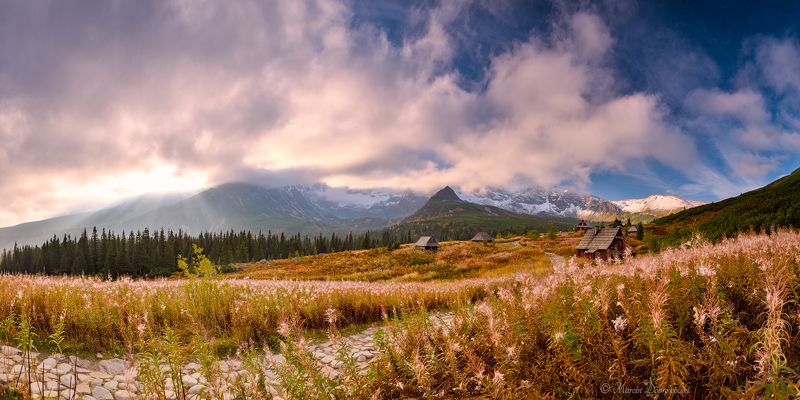 Poland, Tatras, Tatra Mountains, mountainscape, landscape, sunrise, golden hour, hut, route, autumn, sky, clouds, trees, Tullusion, Nikon, Hala Gąsienicowa, Mały Kościelec The Silent Morningphoto preview