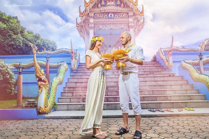 Newlyweds after a Buddhist ceremony in the temple.photo preview