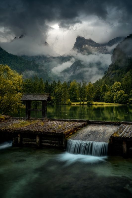 alps, mountains, waterfall, lake, clouds, storm, Rainy day in the Alpsphoto preview