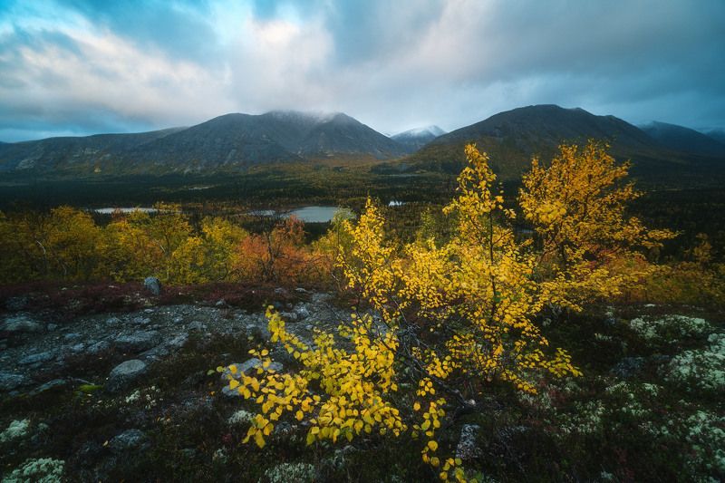 россия, мурманская область, кольский полуостров, пейзаж, природа, осень, заполярье, закат, хибины, водопад, озеро Краски Кольскогоphoto preview