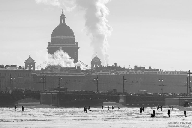 город, архитектура, река нева, санкт-петербург, чёрно-белое фото, зимний петербург, Пешеходная река Неваphoto preview