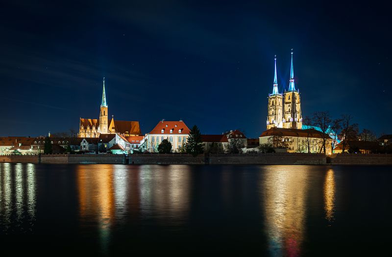 wroclaw, poland, ostrow tumski, river, odra, panorama,  Wrocław, Ostrów Tumski at nightphoto preview