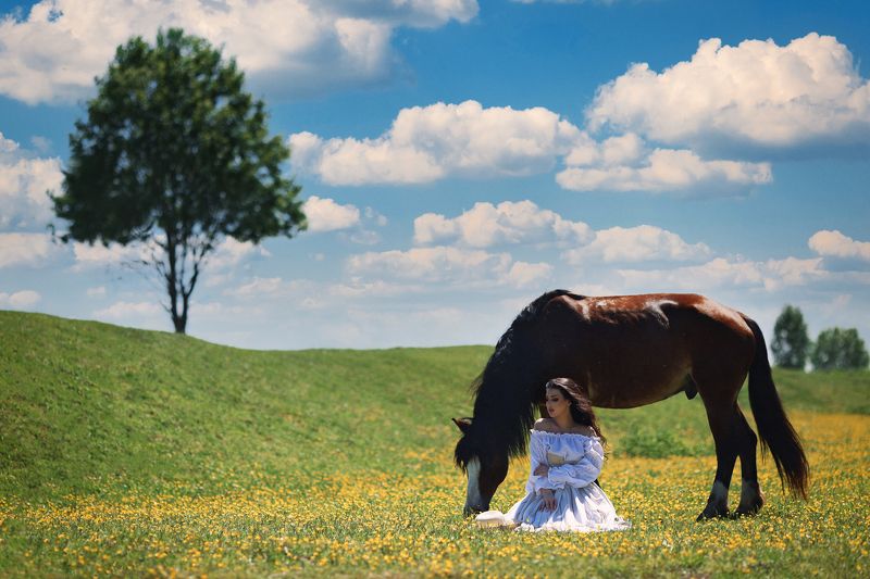 Конь. Девушка. Поле. Русская душа. Раздолье. С конемphoto preview