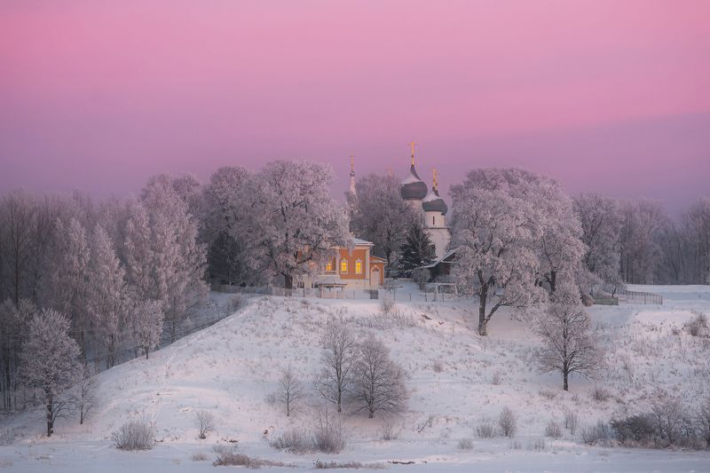 зима, иней, закат, усадьба, зацепиных, церковь, берег, волги, тутаев, романово, борисоглебск Волжский берег и зимний закат фото превью