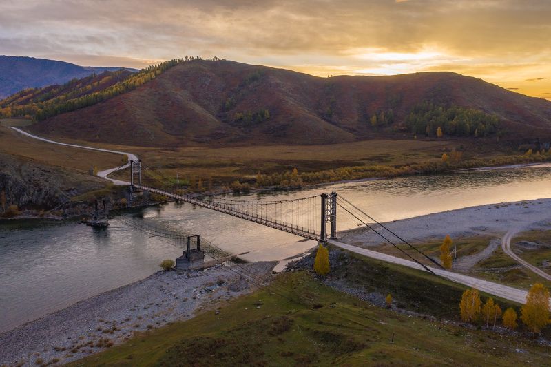 алтай, мост, река, рассвет, восход, горы photo preview