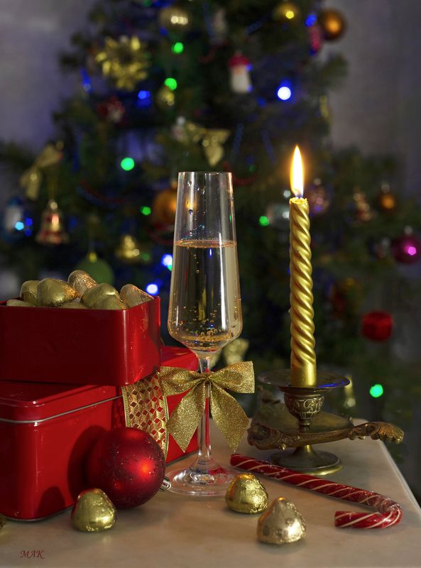 свеча, бокал, шампанское, подарки, конфеты, ёлка, новый, год photo preview