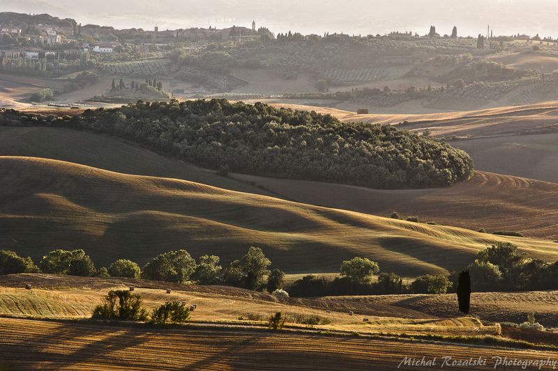 hills, ,shadows, ,trees, ,sunset, ,town, ,fields, ,tuscany, ,italy Val d\'Orcia in sunsetphoto preview