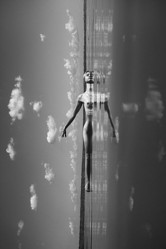 art nude, nude, fine art nude, bw nude photo, reflection, conceptual through clouds and spacephoto preview