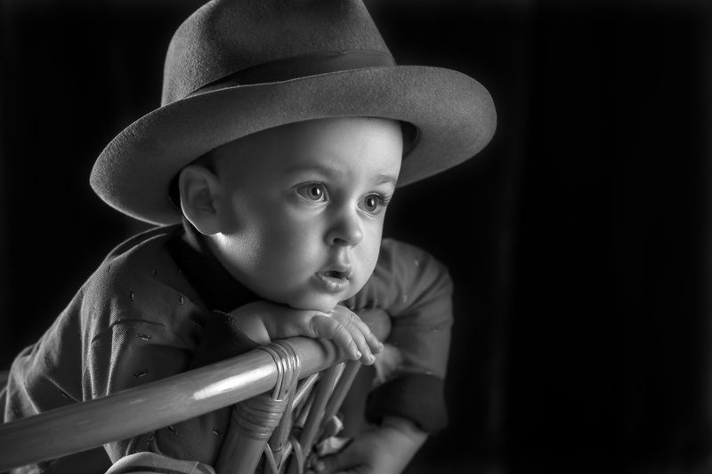 портрет, дети, чёрно-белый, студия, мальчик, шляпа *** фото превью