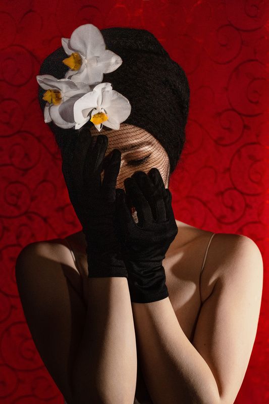 леди на красном фонеphoto preview