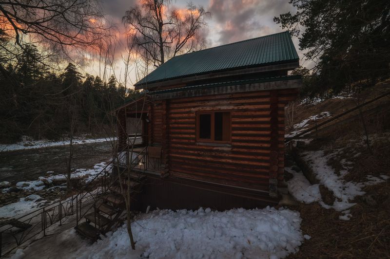 lodge river arkhyz mountains forest sunset twilight Lodge by the river.photo preview