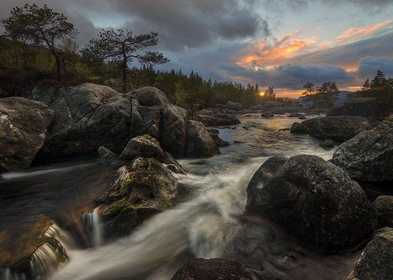 Закат, Камни, Норвегия, Поток, Река В светphoto preview