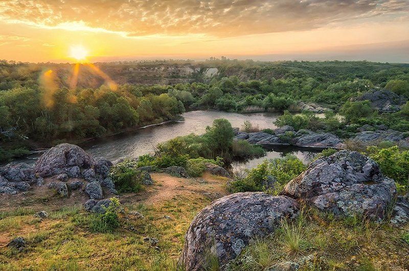 Камни, Пейзаж, Рассвет, Река, Скалы, Южный Буг Национальный парк Бугский Гардphoto preview