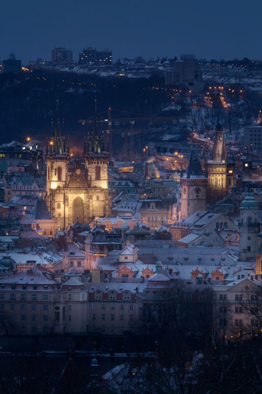 прага, вечер, башни, храм, европа, город, prague, чехия, europe, czech republic, cityscape, city, snow, снег Snowy Nightphoto preview