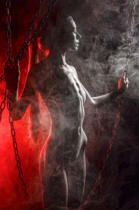 dark, alone, body, lowkey, art, black, redhair, ginger, red, inferno, smoke, nude photo preview