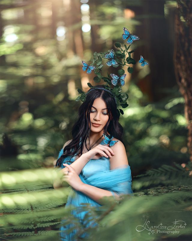 blue, dress, платье, бабочки, лес, богиня, художественная, фотография, фотосессия, волшебная, портрет, голубой Forest fairyphoto preview