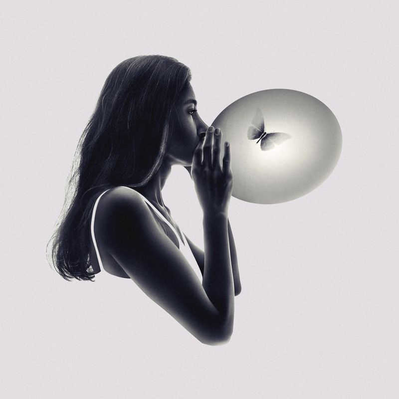 SURREAL,FANTASY,IMAGINATION,ART,SURREALISM,MONTAGE,WOMAN,BALLOON,SILHOUETTE,BUTTERFLY,PORTRAIT,MINIMALISM,MINIMALISTIC,CONCEPTUAL,FINE ART,DARK,LIGHT The Butterfly in Balloonphoto preview