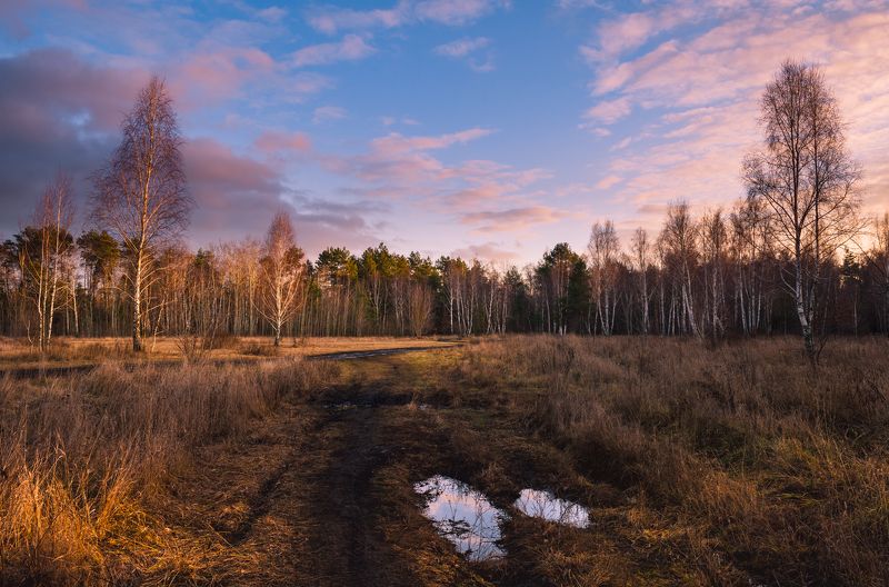 луг зима январь лужи  тучи закат Когда солнце уходит на покой, январьphoto preview