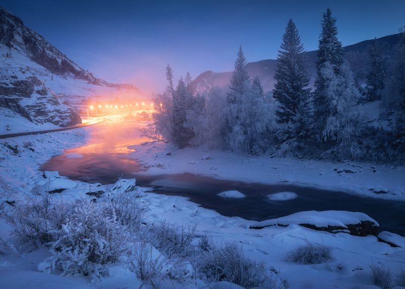 алтай, горный алтай, онгудайский район, иодро, горы, река чуя, чуя, зимний алтай, зимний пейзаж, морозный вечер, январь, куржак, altai mountains Вечерний Йодроphoto preview