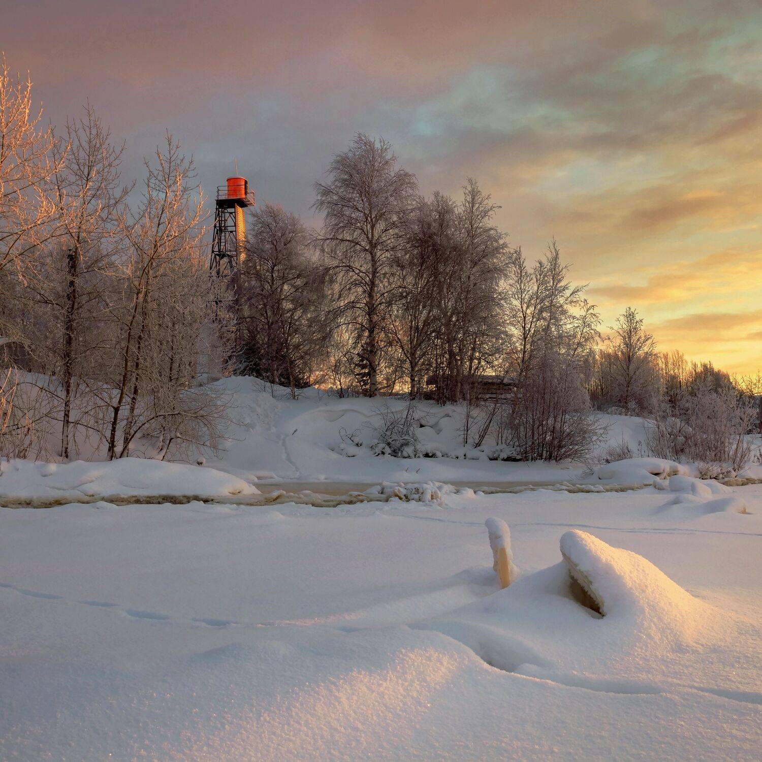 зима, утро, мороз, река, снег, восход, небо, север, природа, пейзаж, деревья, маяк, набережная, Титов Александр