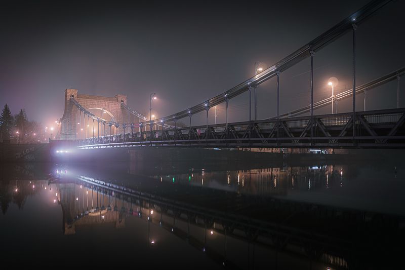 wrocław, wroclaw, polska, poland, breslau, odra, oder, grunwaldzki, bridge, fog, mist, dark, evening, river, city, cityscape, lights, dark, reflection Misty bridgephoto preview