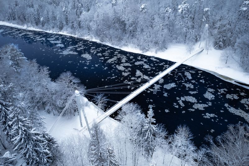 река, зима, снег, лес, лед Мост через реку Гауяphoto preview