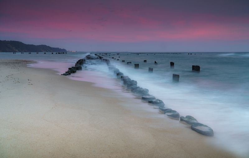 sea, sky, blue, baltic, gdynia, poland, sunrise, magenta, stones Hexengrundphoto preview