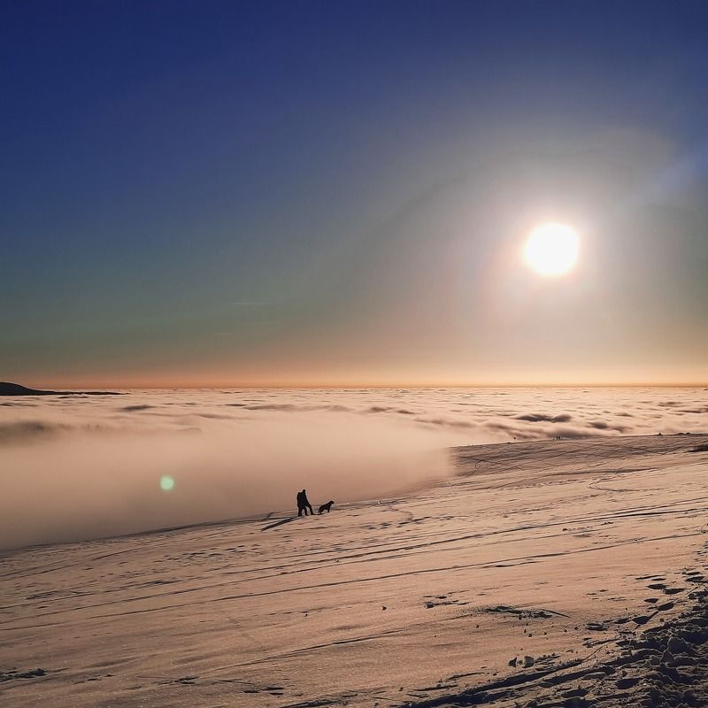 snow, winter, sky, ice, nature, landscape, cold, mountain, sea, white, water, clouds, view, frozen, cloud, ocean, aerial, travel, frost, snowy, outdoors, season, mountains, environment, weather sunset in the snow and fog on top of winter mountain Rhoen Rhön Hesse Germanyphoto preview