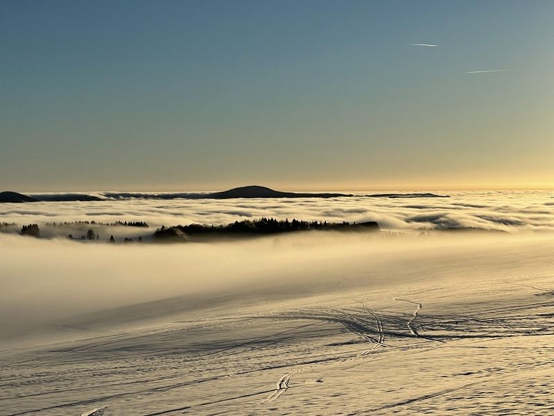 sunset. in the. snow. and, fog. on top of, winter, mountain, Rhoen, Rhön, Hesse, Germany sunset in the snow and fog on top of winter mountain Rhoen Rhön Hesse Germanyphoto preview