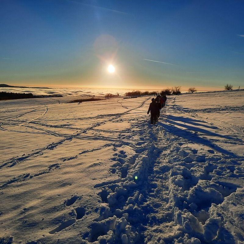 snow, winter, sky, ice, nature, landscape, cold, mountain, sea, white, water, clouds, view, frozen, cloud, ocean, aerial, travel, frost, snowy, outdoors, season, mountains, environment, weather sunset in the snow on top of winter mountain Rhoen Rhön Hesse Germanyphoto preview