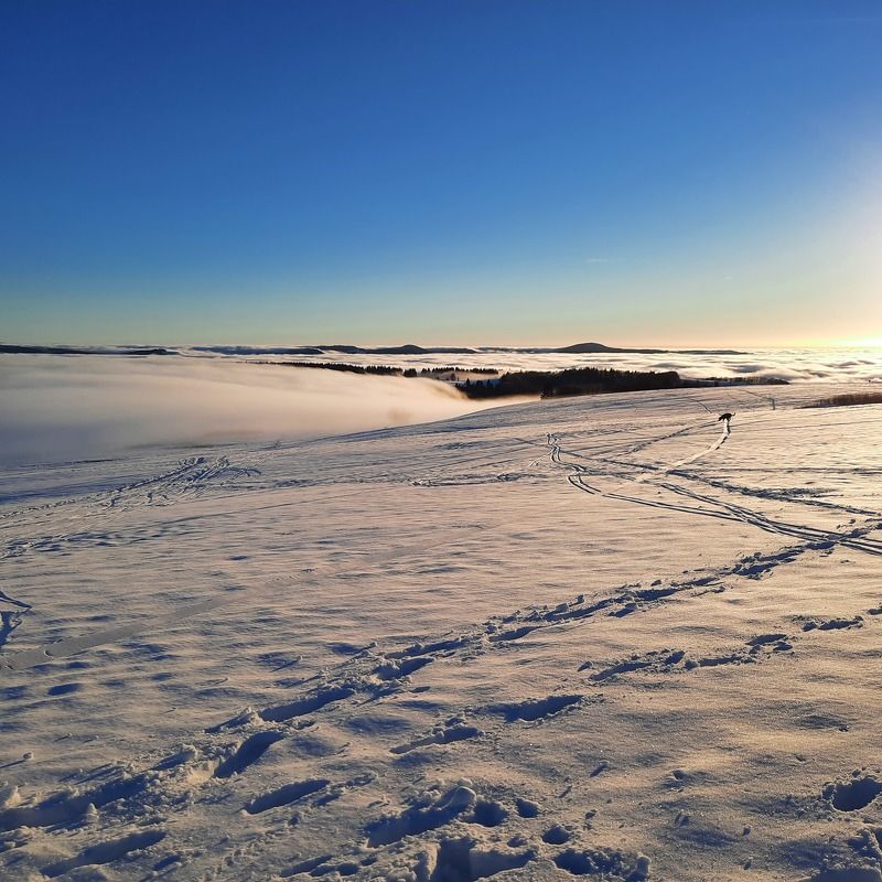 snow, winter, sky, ice, nature, landscape, cold, mountain, sea, white, water, clouds, view, frozen, cloud, ocean, aerial, travel, frost, snowy, outdoors, season, mountains, environment, weather sunset in the snow and fog on top of winter mountain Rhoen Rhön Hesse Germanyphoto preview