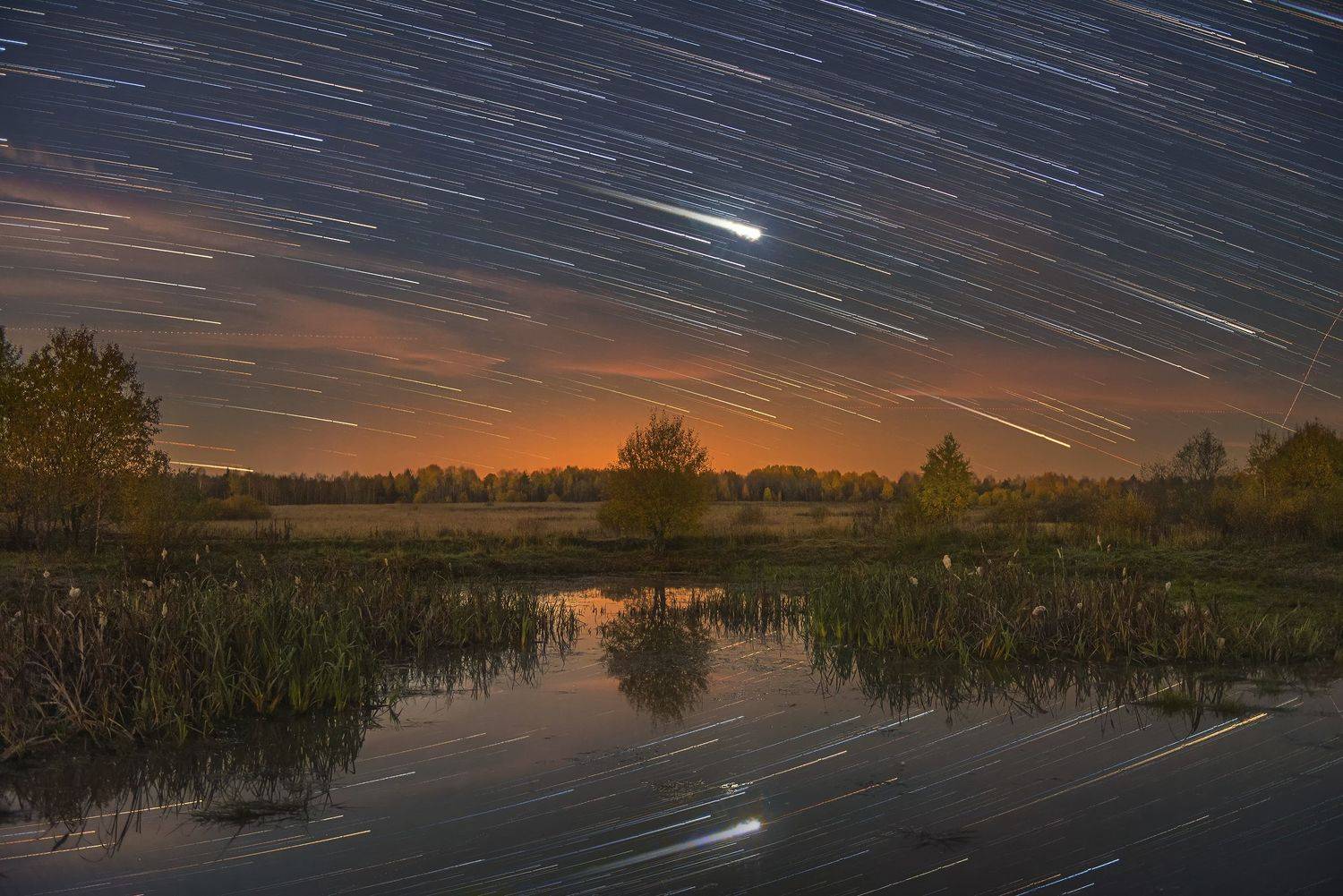 ночь звезды звездные треки ночное небо осень пруд отражения рогоз юпитер, Сальников Евгений