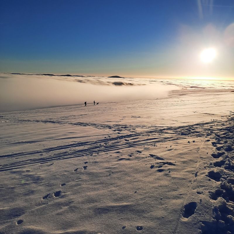 snow, winter, sky, ice, nature, landscape, cold, mountain, sea, white, water, clouds, view, frozen, cloud, ocean, aerial, travel, frost, snowy, outdoors, season, mountains, environment, weather sunset in the snow and fog on top of winter mountain Rhoen Rhön Hesse Germanyphoto preview
