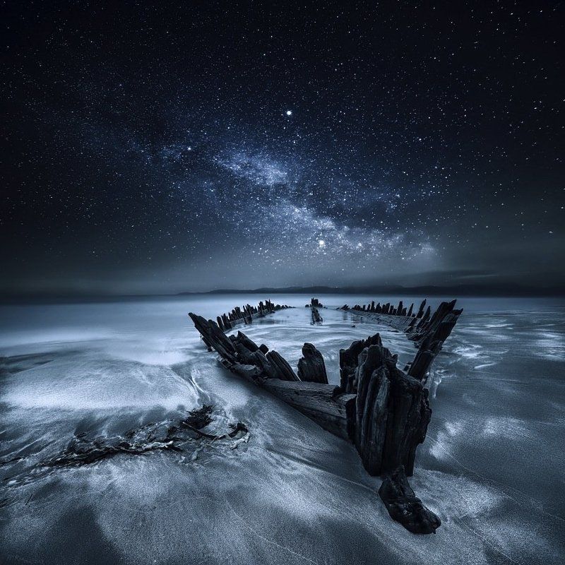 Astrophotography, Atlantic Ocean, Boat, Co Kerry, Ireland, Long exposure, Milky way, Ocean, Rossbeigh Strand, Sand, Seascape, Ship, Shipwreck, Stars, Toned Old Boatphoto preview
